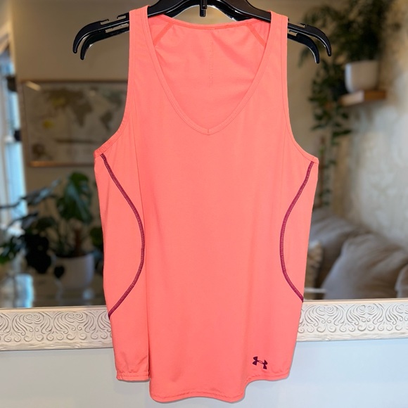 Under Armour Workout Performance Top - Bright Neon Coral Pink/Orange w/ Purple M - Picture 4 of 14